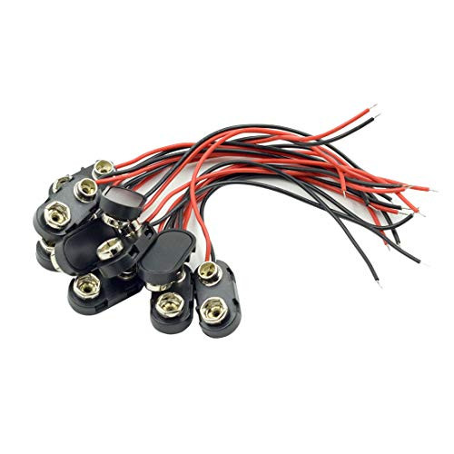 Mecion 9V Battery Connector Holder l Type 9 Volt Battery Clip Black Red Wires Leads with Hard Plastic Shell - Pack of 10