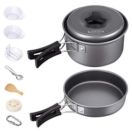 G4Free 11PCS/13PCS Camping Cookware Mess Kit Hiking Backpacking Picnic Cooking Bowl Non Stick Pot Pan Knife Spoon Set(11PCS Black)