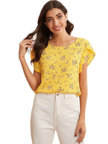 MakeMeChic Women's Ditsy Floral Print Top Summer Petal Sleeve Blouse Yellow M