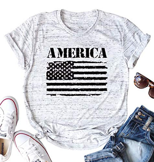 Women's 4th of July T Shirt American Flag Shirt USA Flag Tshirt Independence Day Tee Shirts Tops (L, White)