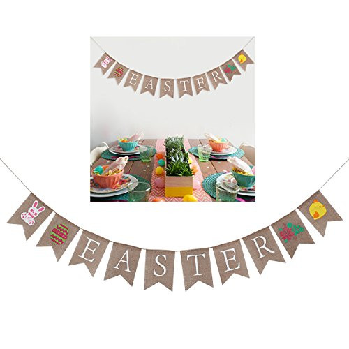 OULII Easter Banner,Easter Hanging Decoration Rabbit Burlap Bunting Flag Garland for Easter Party Favor