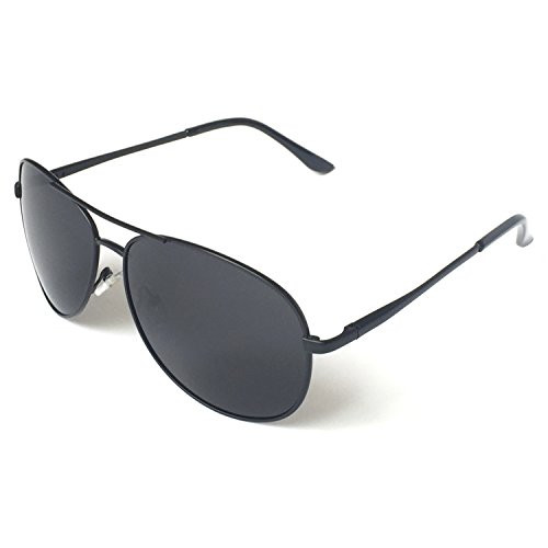 JPlusS Premium Military Style Classic Aviator Sunglasses, Polarized, 100 percent UV protection (Medium Frame - Black Frame/Black Lens)