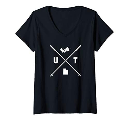 Womens Ski Utah Slopes Vintage Skiing Mountains State V-Neck T-Shirt