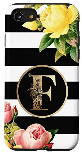 iPhone SE (2020) / 7 / 8 Initial F Monogram Vintage Roses On Black And White Stripes Case