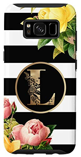 Galaxy S8 Initial L Monogram Vintage Roses On Black And White Stripes Case