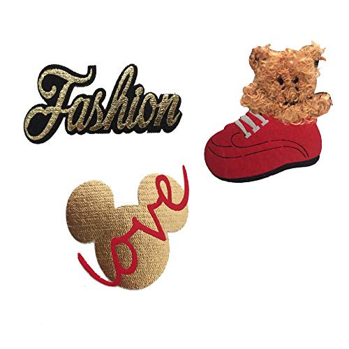 3 x Embroidered Patch Sew On Patch Applique and Iron On Bear and Fashion and Mickey Love Patch Embroidered Set for Clothing, Jeans, Jackets