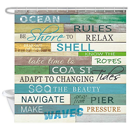 DYNH Ocean Shower Curtain, Ocean Rules Inspirational Motivational Funny Quotes on Rustic Wooden Board Shower Curtain, Fabric Shower Curtain for Bathroom 12PCS Hooks, 69X70IN