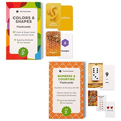 Think Tank Scholar 36 Colors  and  Shapes Plus 36 Numbers  and  Counting Flash Cards for Toddlers, Ages 3Plus, Preschool, Number 0-20, Tens 30-100