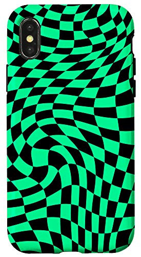 iPhone X/XS Crazy Checkers Black Checkered Board Green Girly Phone Case