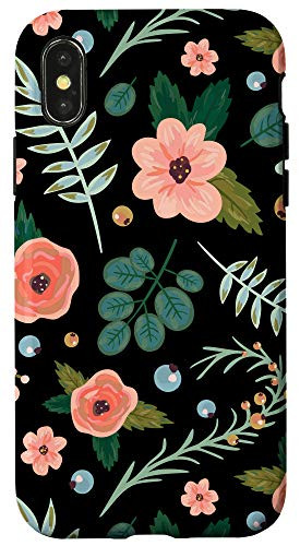 iPhone X/XS Garden Flowers Florals Mint Coral  and  Black Pattern AEN104 Case