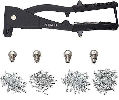 Justech 10-inch Heavy Duty Hand Rivet Gun Set with 200PCs Rivets 4 Nosepieces 2.4mm 3.2mm 4.0mm 4.8mm, Single Hand Manual Rivet Tool