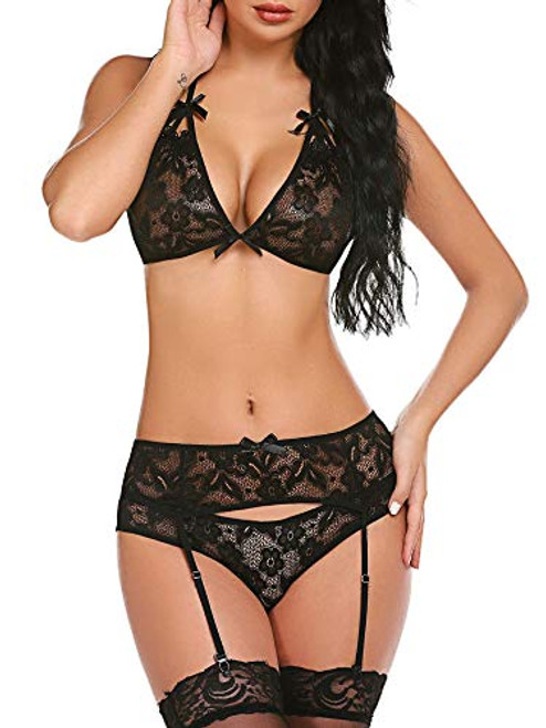 Avidlove Women Lingerie with Garter Belts Three Piece Lingerie Sets Bra and Panty Set Black M Avidlove Women Lingerie with Garter Belts Three Piece Lingerie Sets Bra and Panty Set Black M