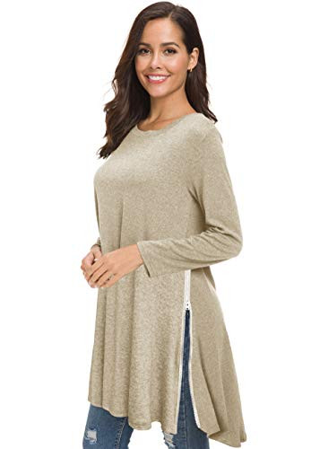 Afibi Tops For Women Long Sleeve Side Split Loose Tunic Tops For Leggings (XXX-Large, Khaki)