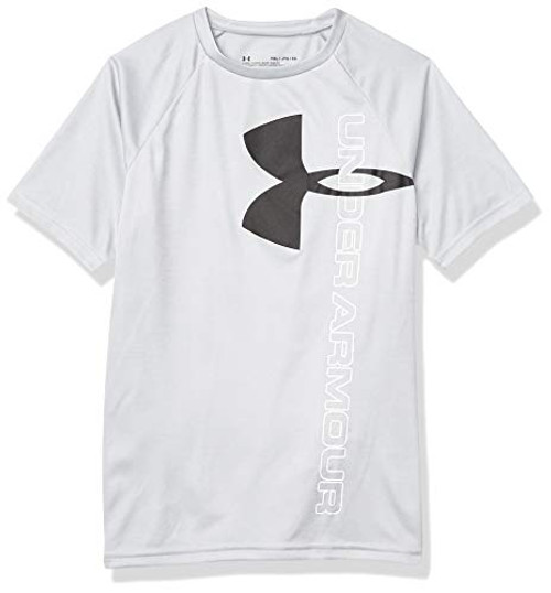 Under Armour Boys' Tech Split Logo Hybrid T-Shirt , Mod Gray (011)/Black , Youth Medium