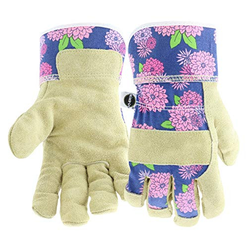 West Chester Miracle-Gro MG23012/WML Split Cowhide Garden Gloves  Floral, Medium-Large, Canvas Back Leather Palm Gloves for Women