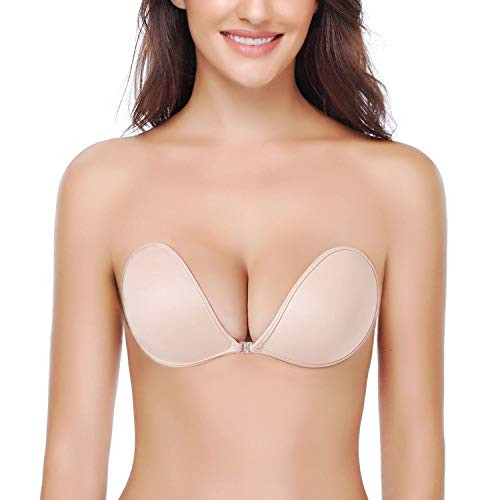 Superking Adhesive Bra, Push up Strapless Backless Plunge Bra Invisible Sticky Bras for Women-D Cup Beige