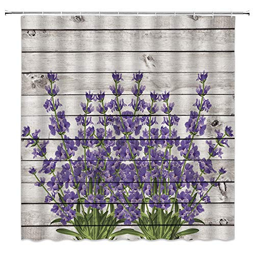 BST Vintage Lavender Shower Curtain Purple Flower Retro Floral Wood Plank Simple Purple Green Bathroom Curtains Decor Polyester Fabric Quick Drying 70x70 Inches Include Hooks