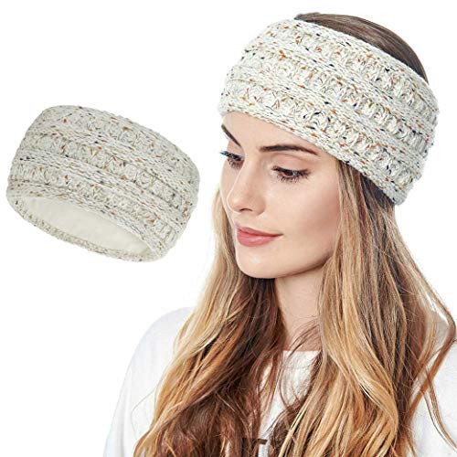 Cagora Winter Warm Headband Thick Fuzzy Fleece Lined Ear Warmer Wool Turban Cable Knit Headbands Winter Head Wraps for Women and Girls (Beige)