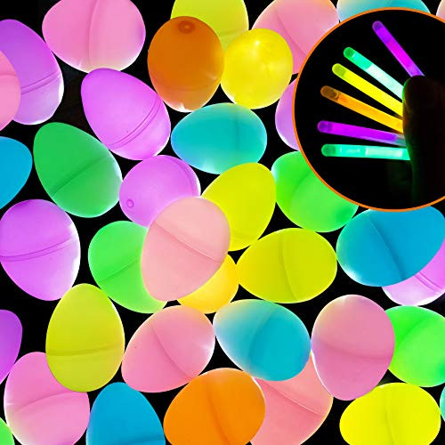 MISS FANTASY Glow In Dark Easter Eggs 48 Pack Small Easter Eggs for Kids With Glow Sticks Light Up Glow Eggs for Easter Easter Plastic Eggs Glow In The Dark for Easter Egg Hunt