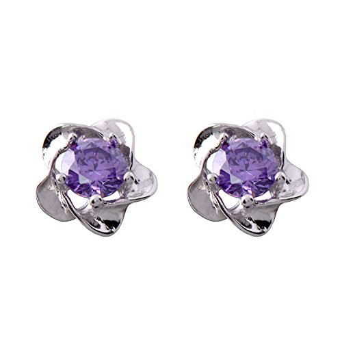 Paialco Rose Flowers Lavender Cubic Zirconia Stud Earrings 925 Sterling Silver Women Ear Studs