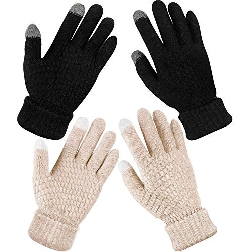 2 Pairs Women's Winter Touch Screen Gloves Warm Fleece Lined Knit Gloves Elastic Cuff Winter Texting Gloves (Black, Beige)