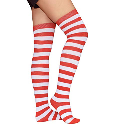 Raylarnia Women's Extra Long Opaque Striped Over Knee High Stockings Socks-Red/White Stripes