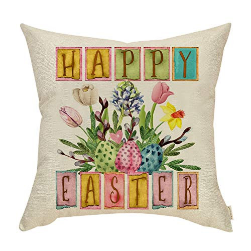 Fahrendom Easter Farmhouse Home Décor Leopard Watercolor Tulip Floral Egg Sign Decorative Throw Pillow Cover Happy Easter Spring Holiday Decoration Cotton Linen Cushion Case Sofa Couch 18 x 18 in
