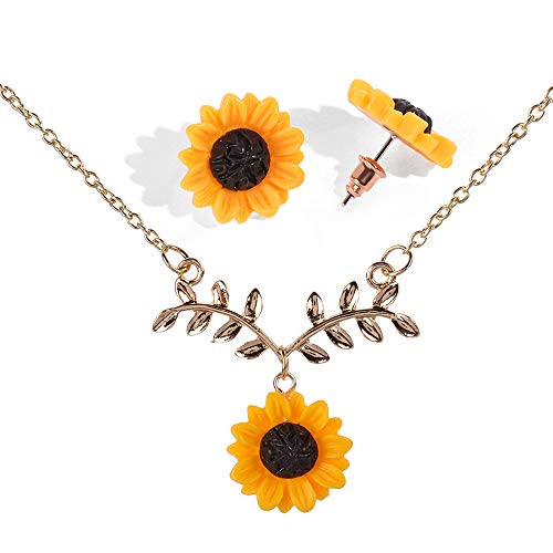 Eiffy Resin Sunflower Leaf Pendant Necklace for Women Yellow Daisy Sun Flowers Stud Earring Jewelry Set Gift (Gold) Eiffy Resin Sunflower Leaf Pendant Necklace for Women Yellow Daisy Sun Flowers Stud Earring Jewelry Set Gift (Gold)