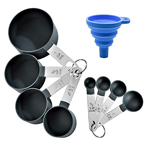 Measuring Cups and Spoons Set,8PCS Nesting Measure Cups with Stainless Steel Handle and 1PC Funnel (Black)