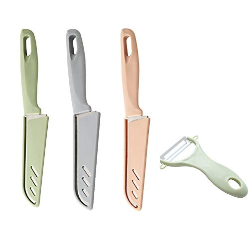 Stainless Steel Knife  and  Peeler Set,Knife Set with Sheath Covers and Peeler Set - kitchen Chef Chef's Paring Set(3 Knives and 1 Peeler) (Green)