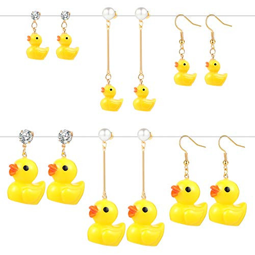 Cute Yellow Duck Duckie Ducks Earrings, Small Yellow Duck Resin Dangle Earrings, Yellow Duck Rhinestone Ear Stud for Women Girls Jewelry