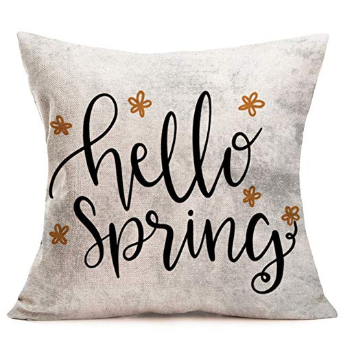 Doitely Hello Spring Throw Pillow Covers Handwriting Words with Flowers Cotton Linen Retro Style Outdoor Pillow Cases Square Standard Cushion Covers for Sofa Couch Bed 18x18 inch (Lo15)