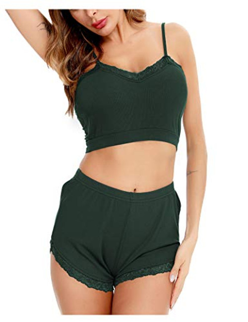 SWOMOG Pajamas Womens Sexy Lingerie Sleepwear Cami Shorts PJ Set Lace Sleepwear Olive Green