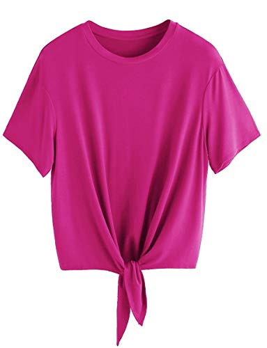 ROMWE Women's Short Sleeve Tie Front Knot Casual Loose Fit Tee T-Shirt Rose Red XXL