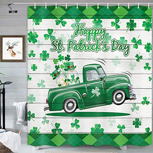 MERCHR St.Patrick's Day Farm Truck Shower Curtain, Buffalo Check Plaid Funny Gnome Green Shamrock Farmhouse Grey Wooden Fabric Shower Curtain for Bathroom with Hooks Included 69 X 70 Inches
