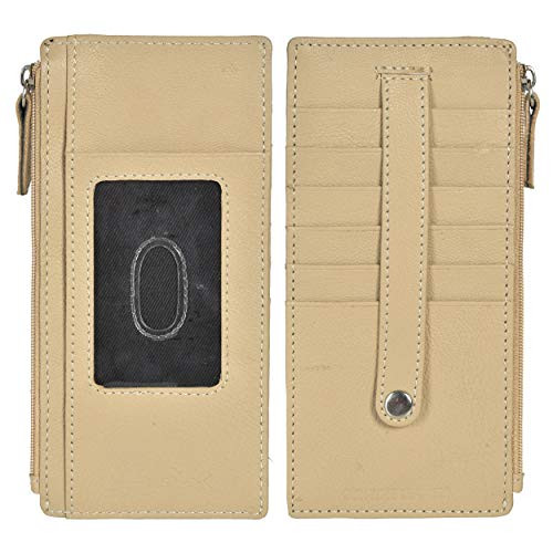 Leatherboss Leather All in One Card Case Holder Slim Wallet With Card Protection Strap, Beige