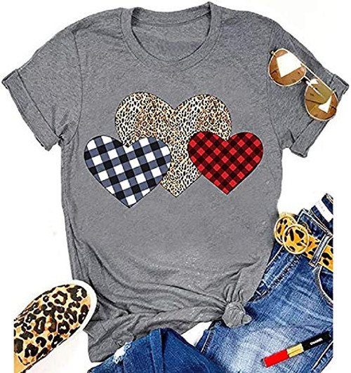 Womens Funny Leopard Buffalo Plaid Love Heart Printed Shirts Valentine's Day Short Sleeve Graphic Tees Blouse Tops (S, A-Leopard)