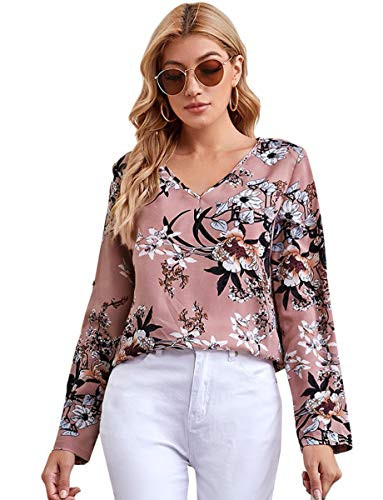 Romwe Women's Lantern Long Sleeve V Neck Casual Workwear Blouse Tops Shirts Pink S