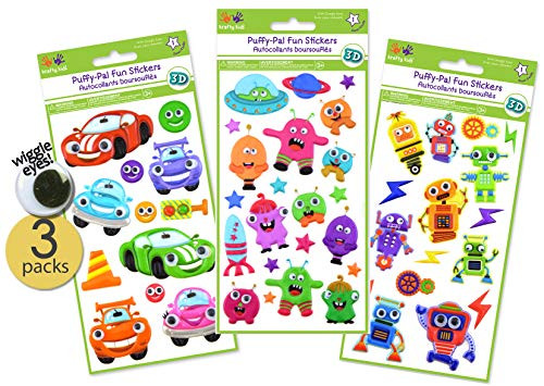 3 Packs - Robot, Martians, Car, Vehicles Stickers, Puffy Stickers for Toddlers with Wiggle Eyes - 3D Stickers for Kids, Pop-up Stickers for Boys & Girls, Dimensional Stickers, Variety Pack