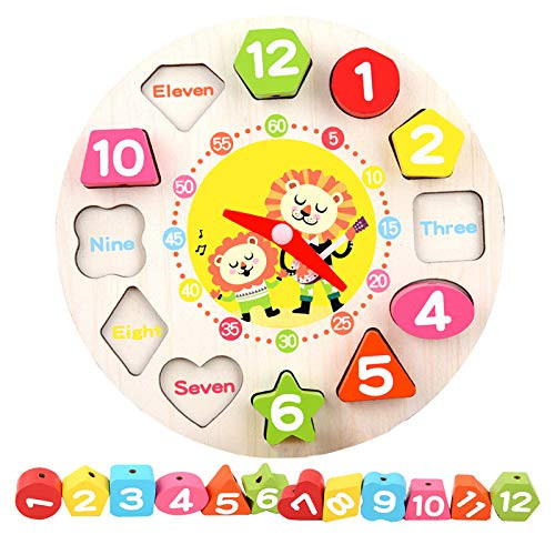 Baby's Wooden Shape Color Sorting Clock- Teaching Time Number Blocks Clock Shape Patterns Sorting and Animal Jigsaw Early Learning Educational Toy Gift