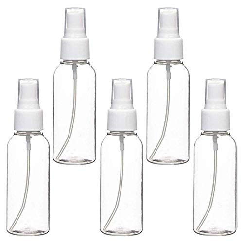 Spray Bottles, 2oz/50ml Clear Empty Fine Mist Plastic Mini Travel Bottle Set, Small Refillable Liquid Containers for Cleaning Solutions, Hair, Perfume, Essential Oils, Liquids (5 Pack)