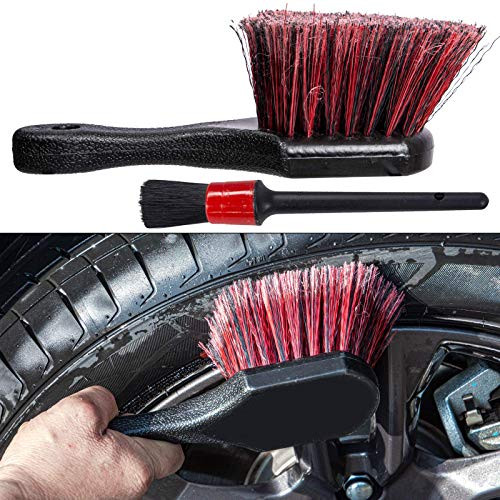 YISHARRY LI Red Short Handle Wheel  and  Tire Brush,Soft Bristle Car Rim Washing Brush,Cleans Dirty Tires  and  Releases Dirt and Road Grime,with Small Detail Brush