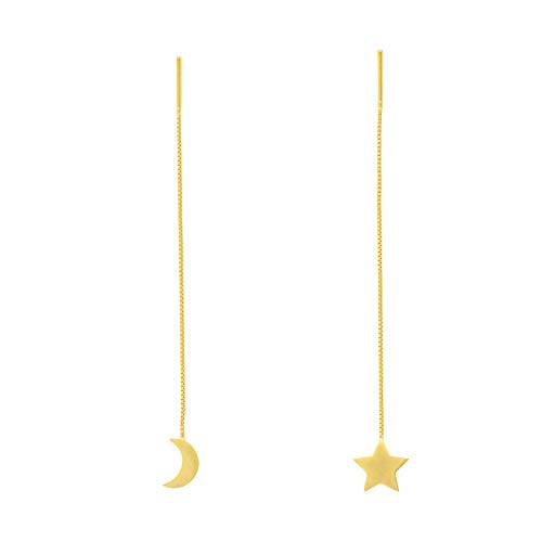 Columbus 14K Gold Plated Threader Earrings - Geometric Dangle Drop Earrings - Bar Drops - Star Earrings - Arc Threaders (Gold Moon and Star Threaders)