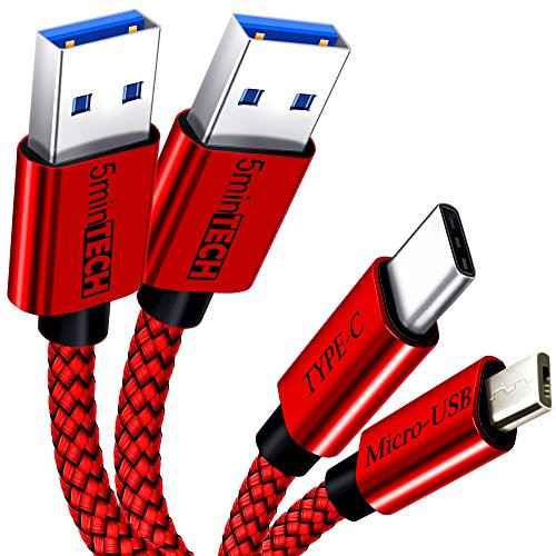 2 Pack [Micro USB + Type C] (3 Feet) Nylon Braided USB Data Sync Charging Cable (Red)