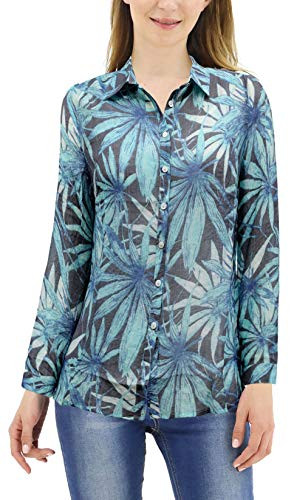 Yukiwi Womens Bohemian Roll Tab Long Sleeve Button Down Chiffon Shirt Top, Blue,L