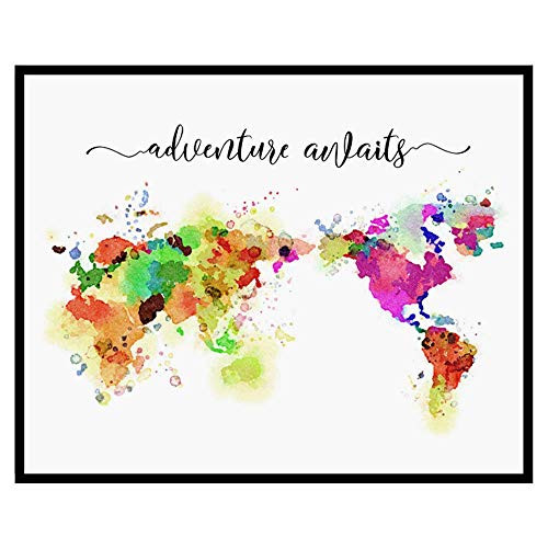 Adventure Awaits Map, World map, World Map Poster, World Map Print, Watercolor Map, Travel Gifts, 8x10 inch - UNFRAMED