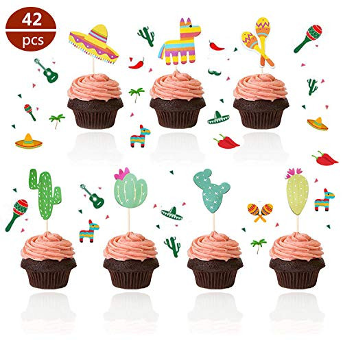?Set of 42?- Mexican Fiesta Cupcake Toppers, Mexican Custom Pattern Cupcake Picks, Mexican Fiesta Party Cake Decoration for Mexican Themed Cactus Donkey Taco Pepper Sombrero Mustache Party Decorations