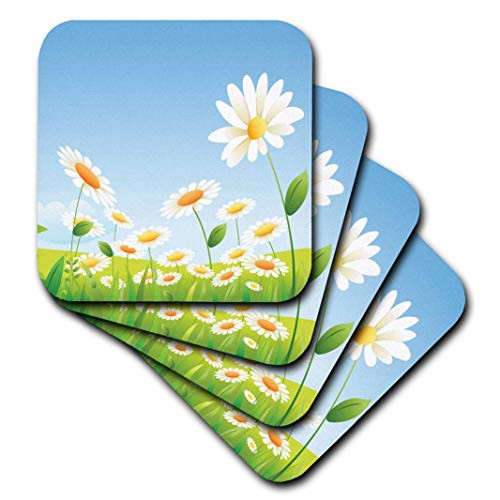 3dRose Cute Field of White and Yellow Daisies Design - Ceramic Tile Coasters, Set of 4 (CST_222420_3)