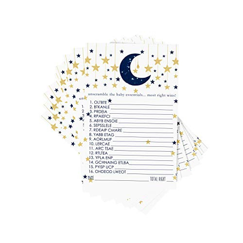 Twinkle Little Star Baby Shower Word Scramble Games Boys (25 Pack) Unscramble Activity Cards Invitees Play  Celestial Moon Party Supplies Sprinkle Navy Blue Gold