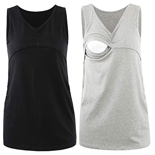 KUCI Women Maternity Nursing Tank Top Breastfeeding Cami Shirt Nursing Sleep Bra (S, BlackplusGrey/2Pack)